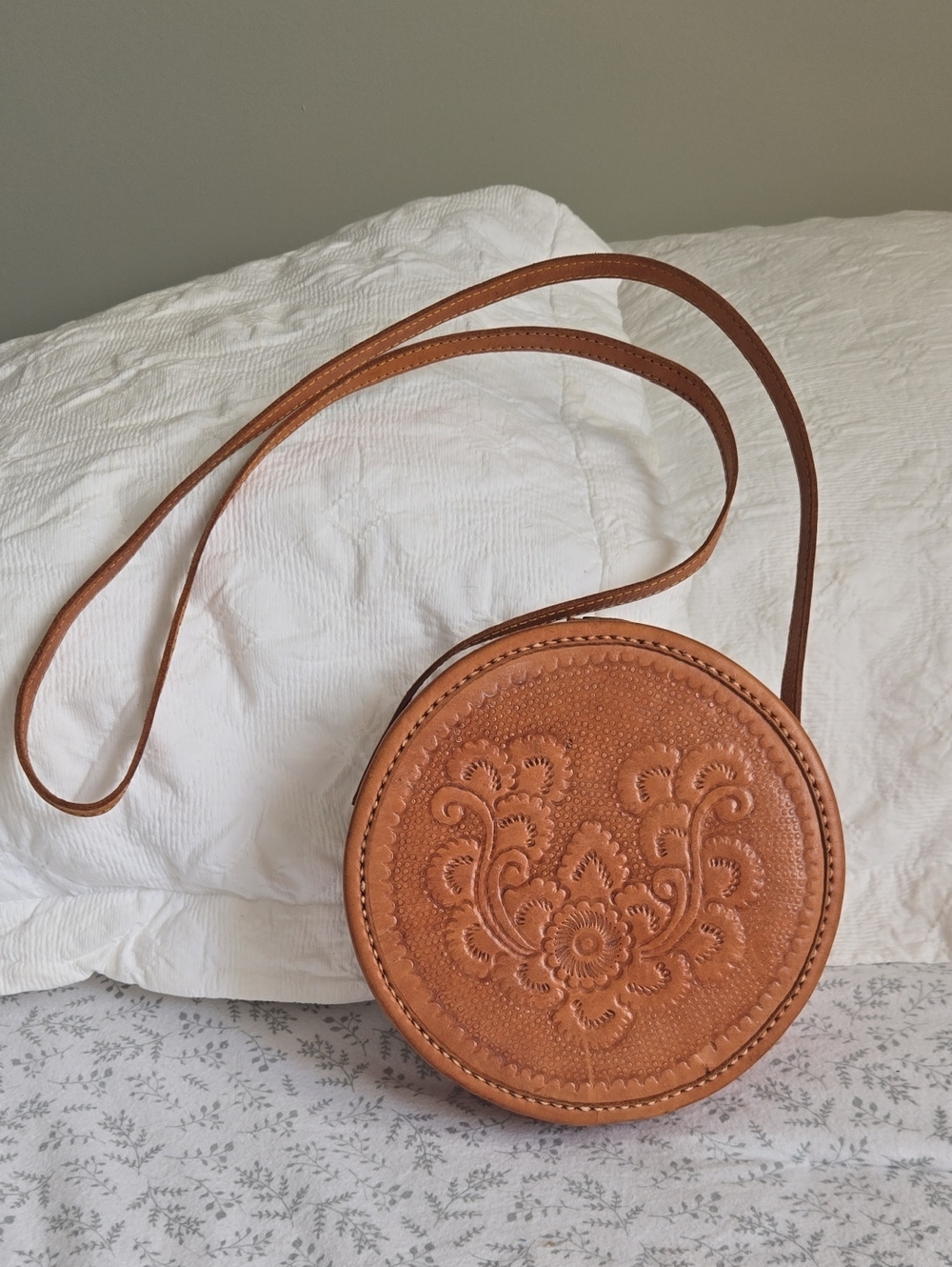 Tan Embossed Leather Circle Crossbody Bag